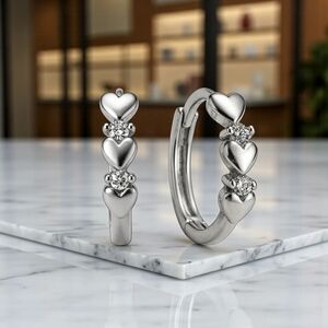 Minimalist Hoop Heart Earrings S925 Sterling Silver Dainty Zirconia Gift